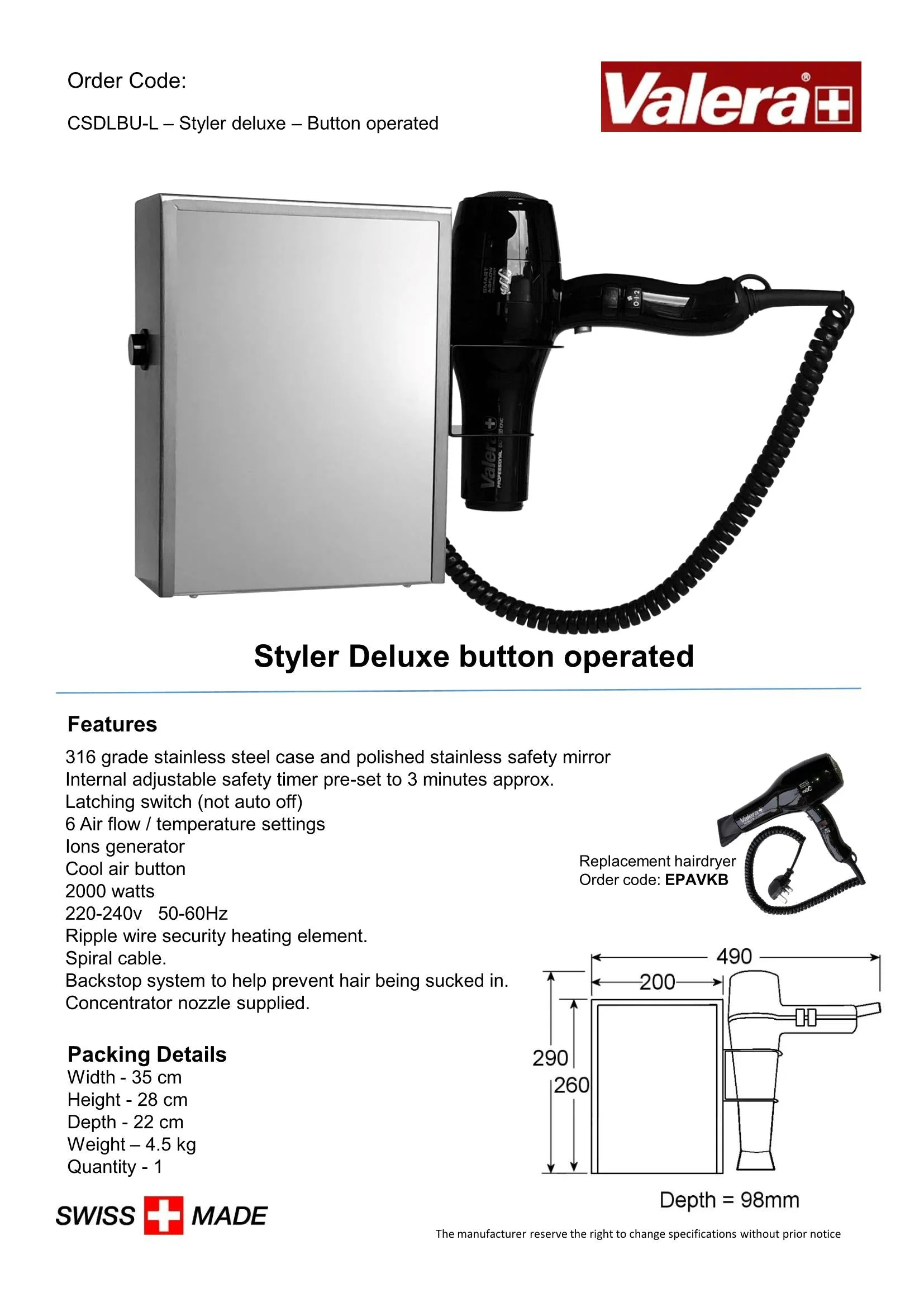 Styler Deluxe Button Operated & Swiss Silent Jet 7700 Ionic Hair Dryer | CSDLBU-L - Image 3