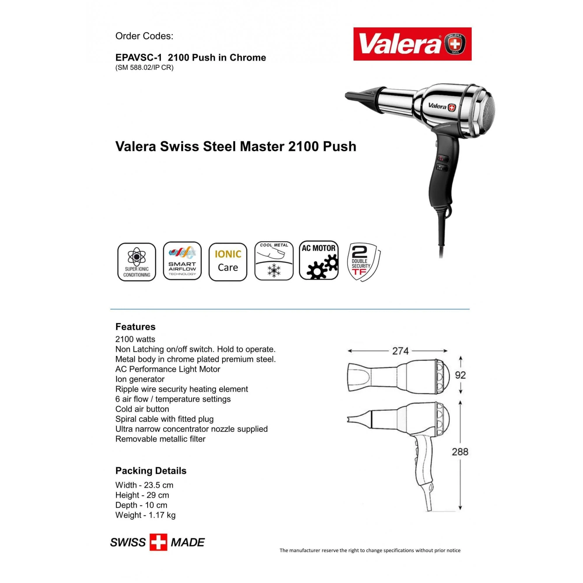 Valera Swiss Steel Master Ionic Hair Dryer 2100W | EPAVSC or EPAVSC-1 - Image 3